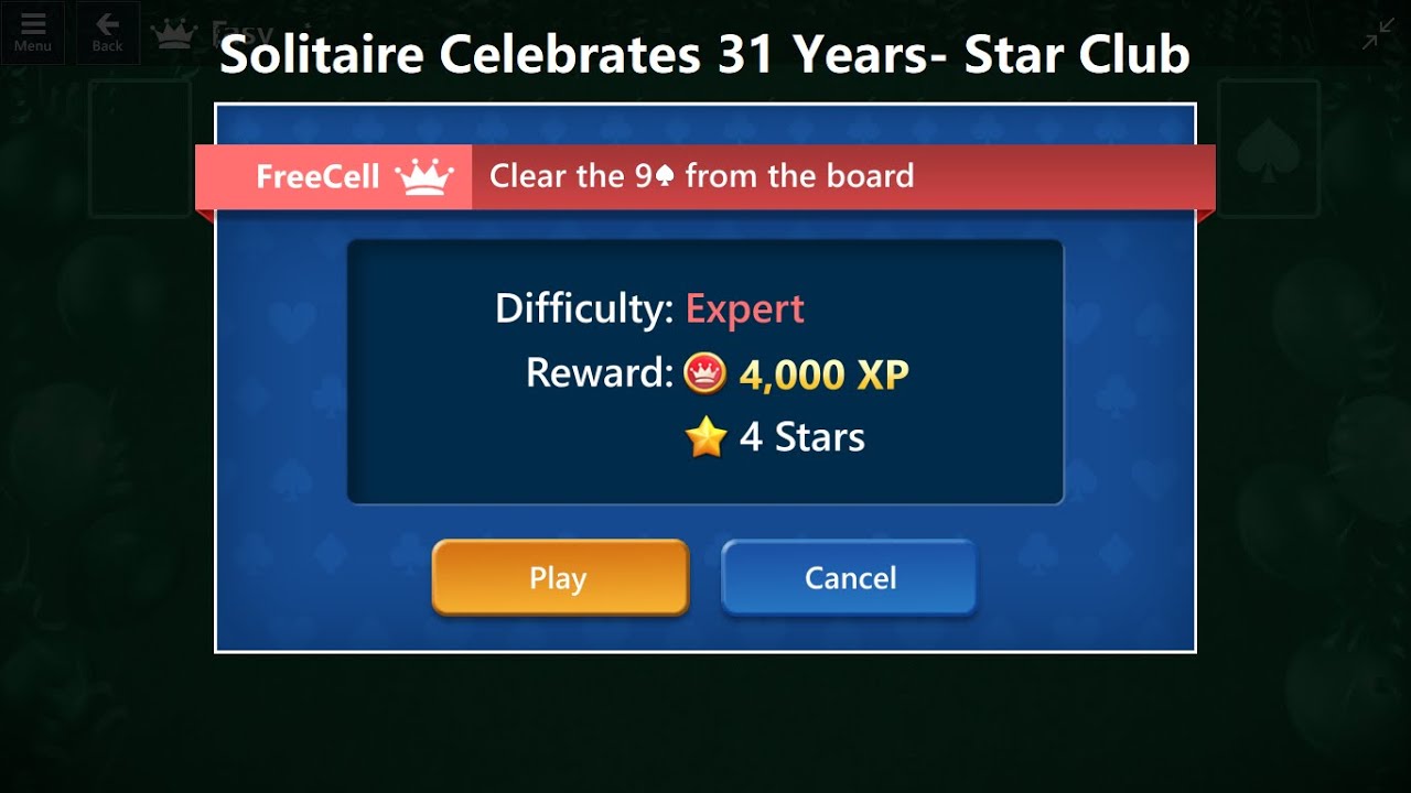 Solitaire Celebrates 31 Years | Star Club | FreeCell #26 Expert – Clear the 9♠ from the board